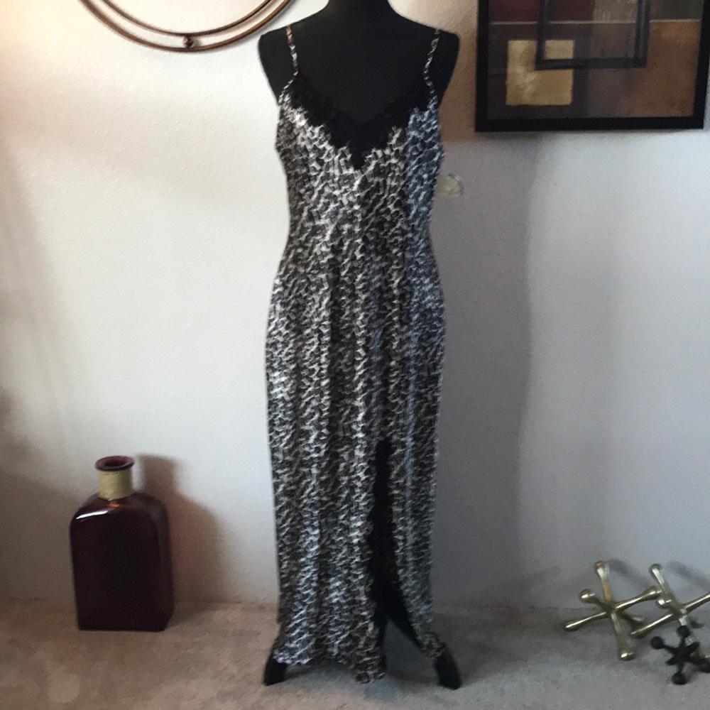 NWT Vintage Sexy Black Leopard & Lace Long Nightgown Full Slip Dress Lingerie